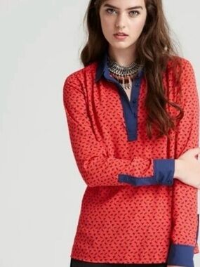 Free People Red Horse-Print Blouse with Navy Trim M